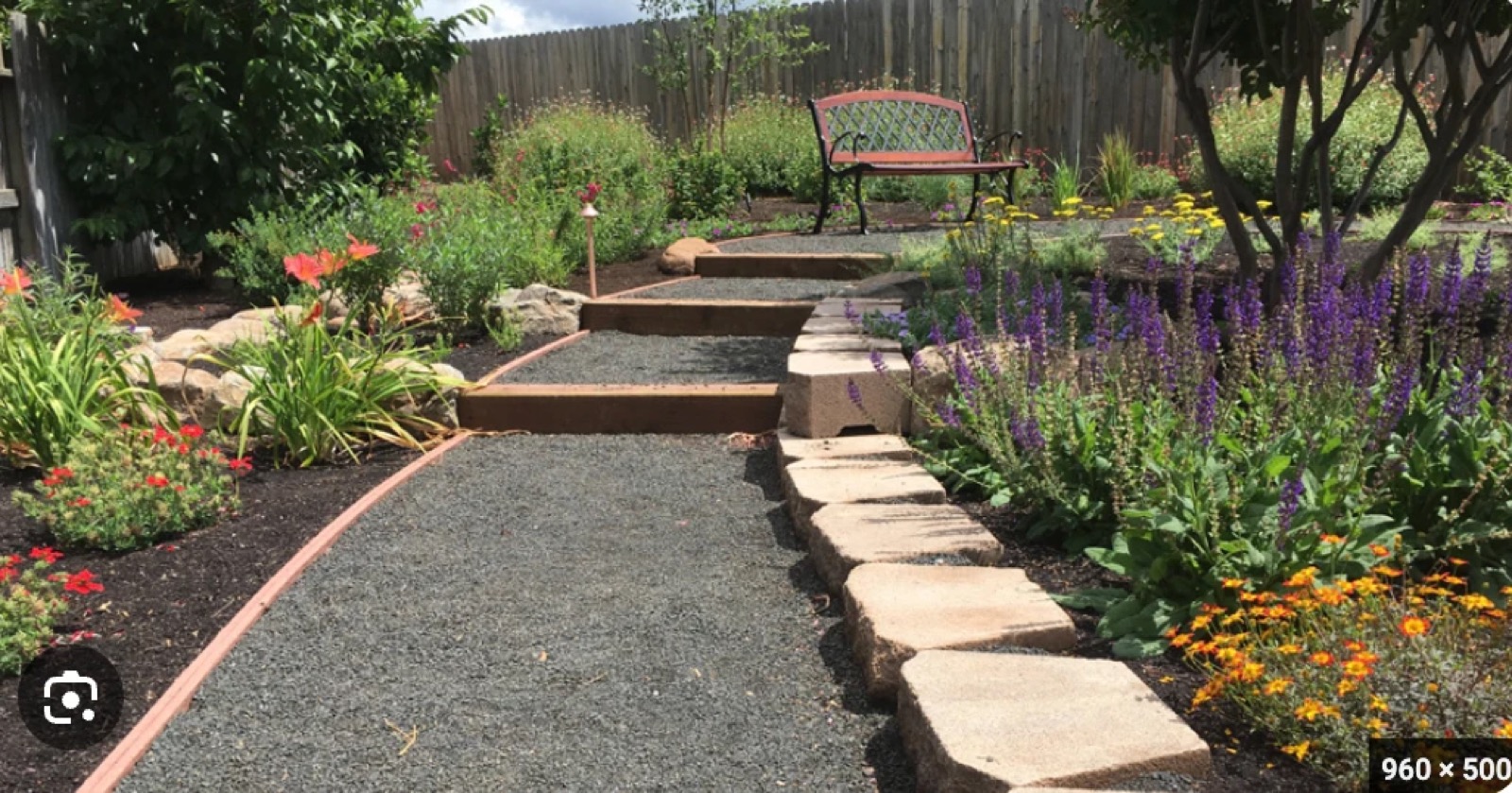 Gravel garden path with timber sleeper steps and flowering salvia beds